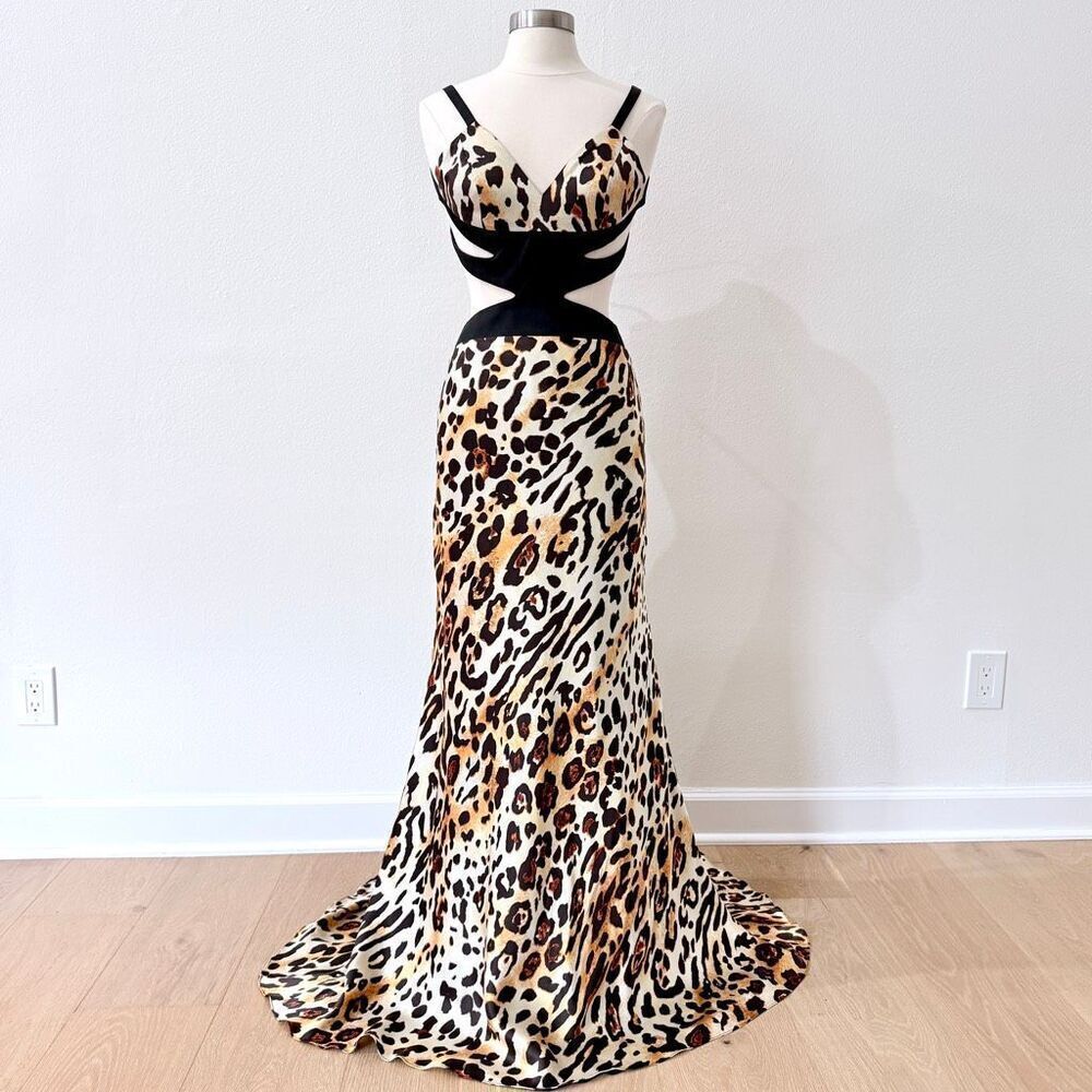 Sherri Hill Women's Size 2 Black Leopard Print 100% Silk Prom Dress Gown